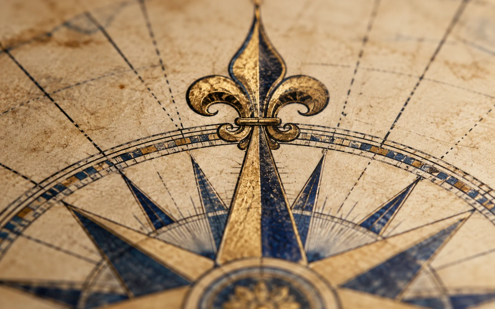 Détail de la fleur de lys marquant le nord d’une rose des vents ancienne
