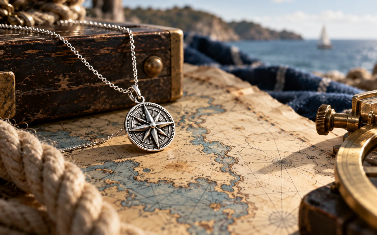 Pendentif en forme de rose des vents posé sur une carte marine