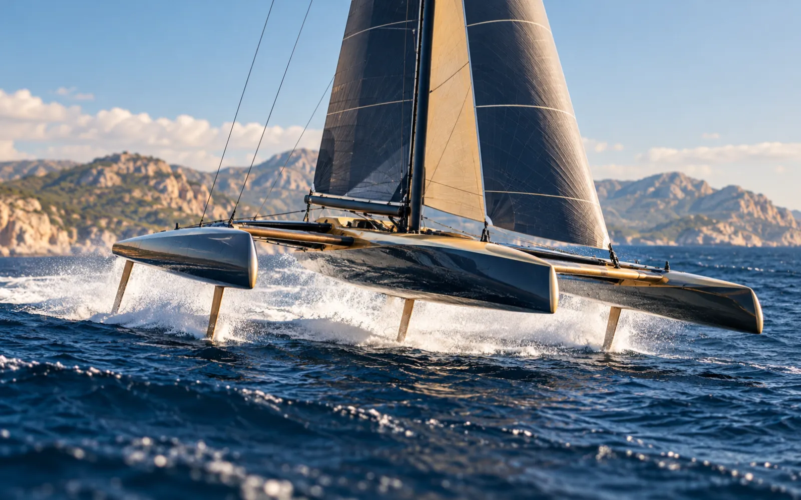 Trimaran de course au large sous voiles, quasiment hors de l’eau, sur une mer bleue