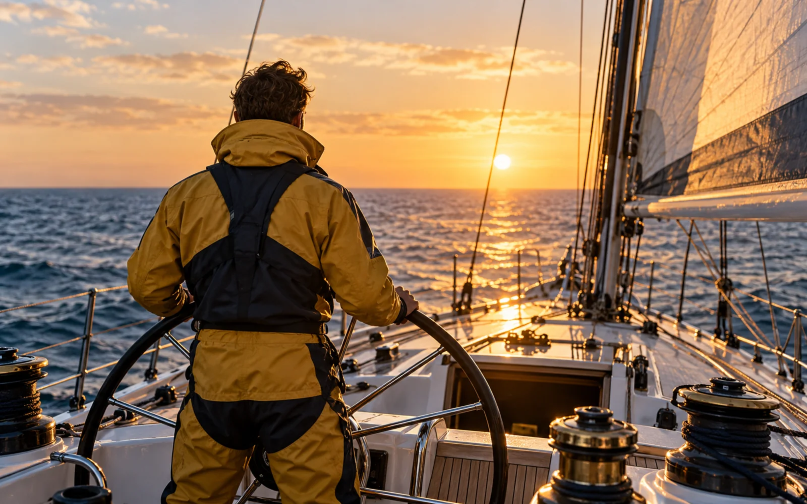 Navigateur seul dans le cockpit d’un voilier de course, silhouette au lever du jour sur l’océan