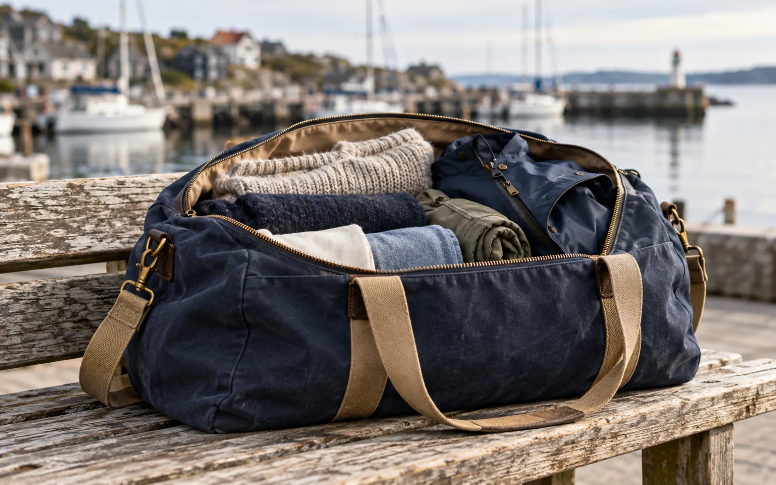 Sac marin ouvert avec des vêtements pliés en rouleau posé sur un banc