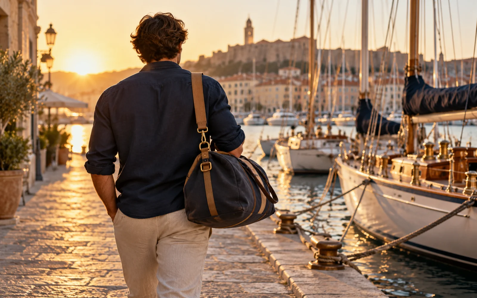 Homme de dos portant un sac marin sur l’épaule sur un quai de port