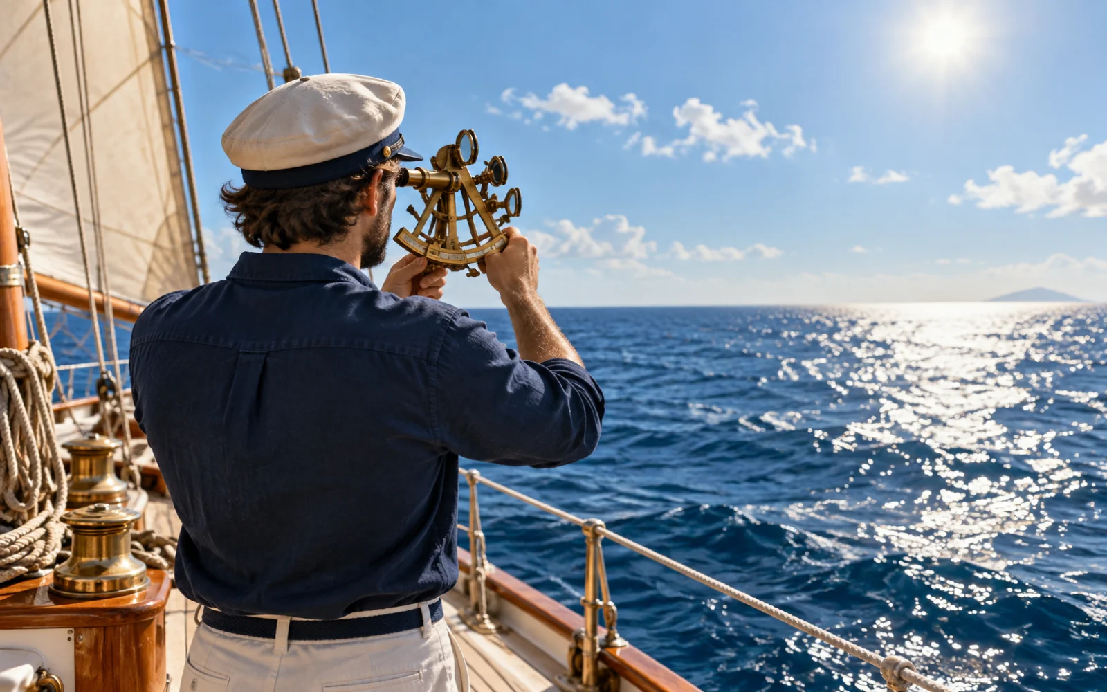 Navigateur de dos visant le soleil avec un sextant sur le pont d’un voilier