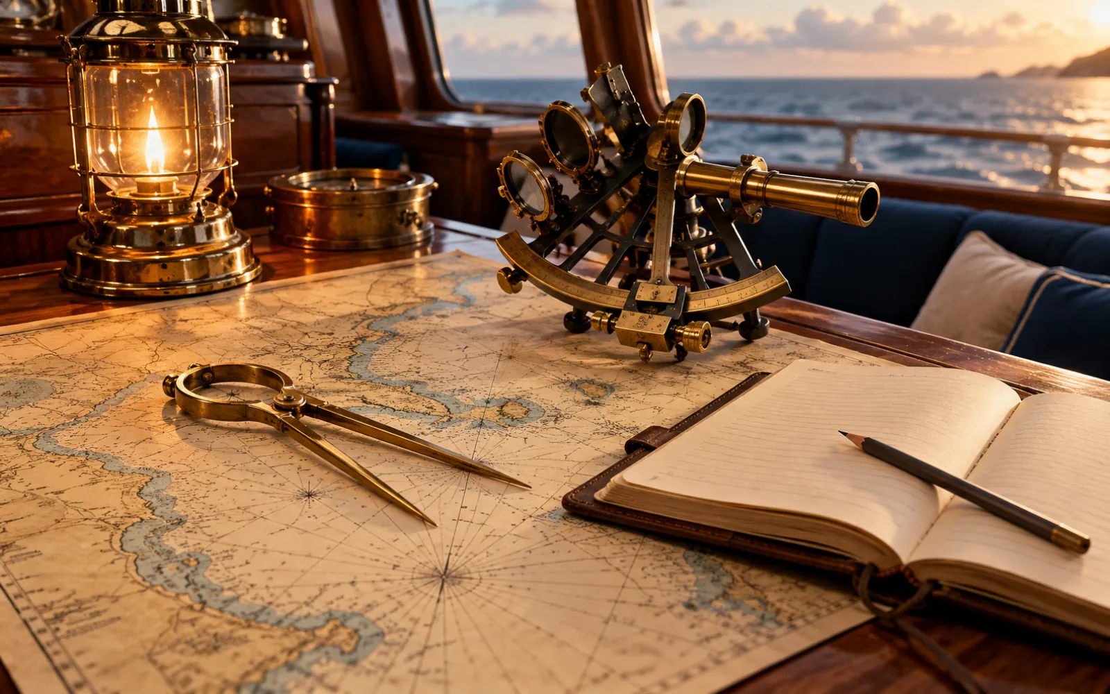 Table à cartes avec un sextant, un compas à pointes sèches et un carnet de bord