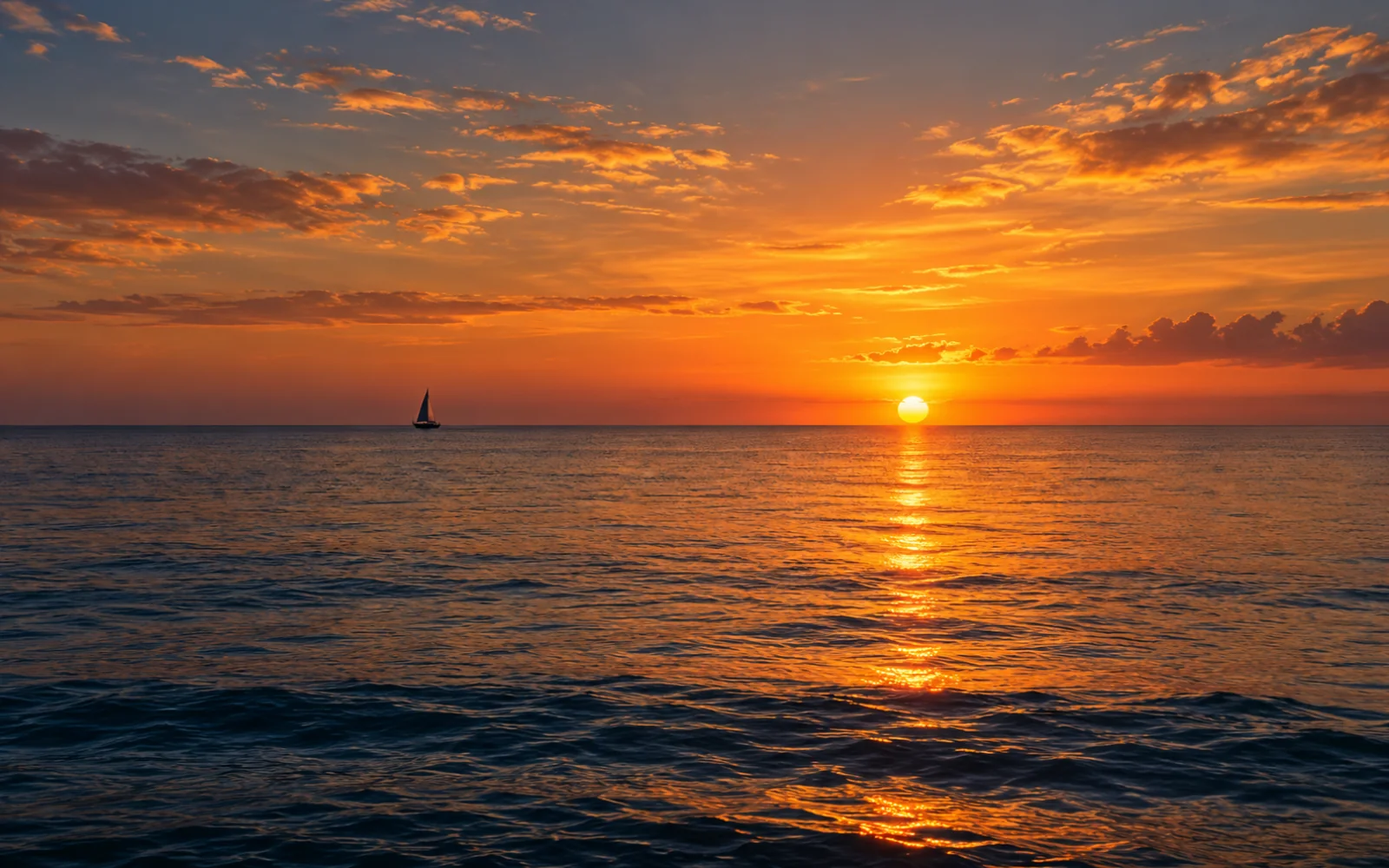 Horizon de la mer au coucher du soleil avec un petit voilier au loin