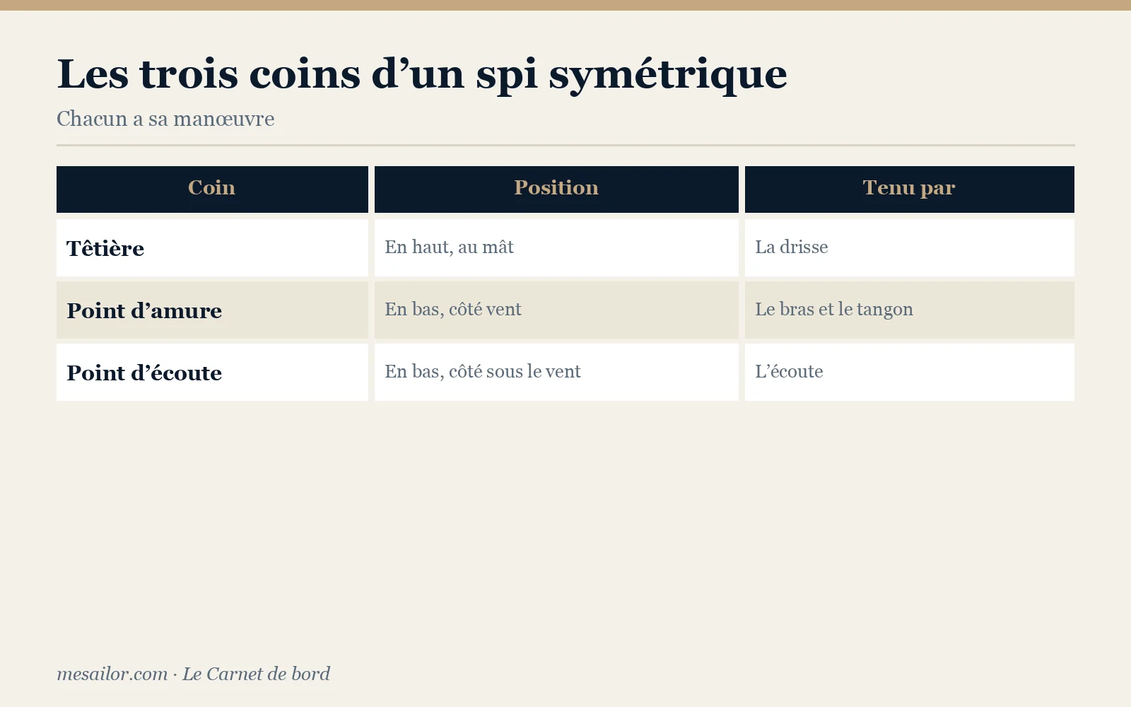 Infographie : les trois coins d’un spi symétrique, têtière, point d’amure et point d’écoute