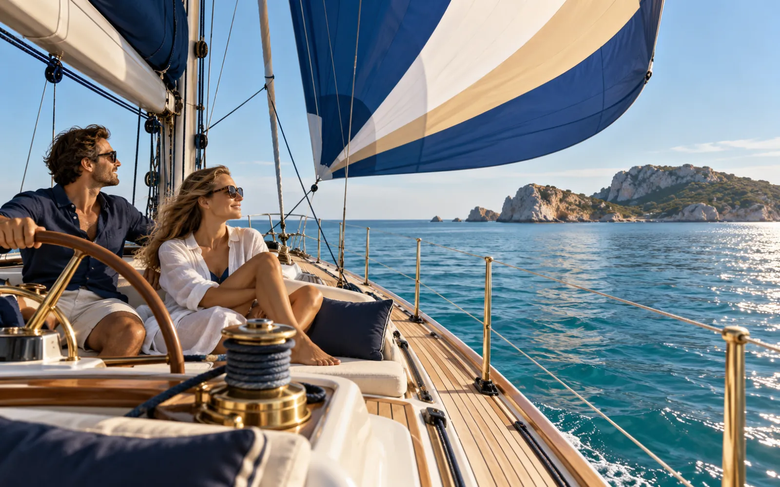 Voilier de croisière sous gennaker asymétrique par temps ensoleillé