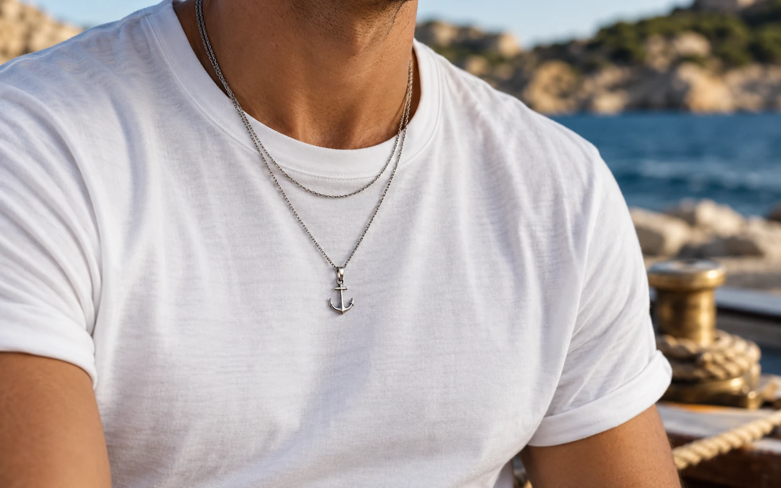 Deux chaînes de longueurs différentes dont une avec pendentif ancre, sur un T-shirt blanc uni