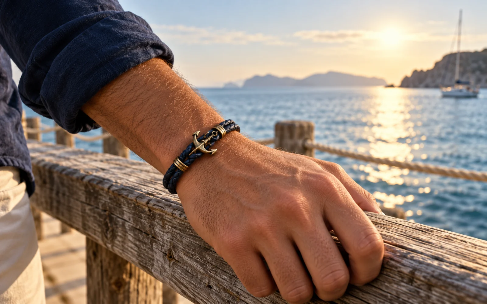 Poignet portant un bracelet en cuir orné d’une ancre, appuyé sur la rambarde d’un ponton