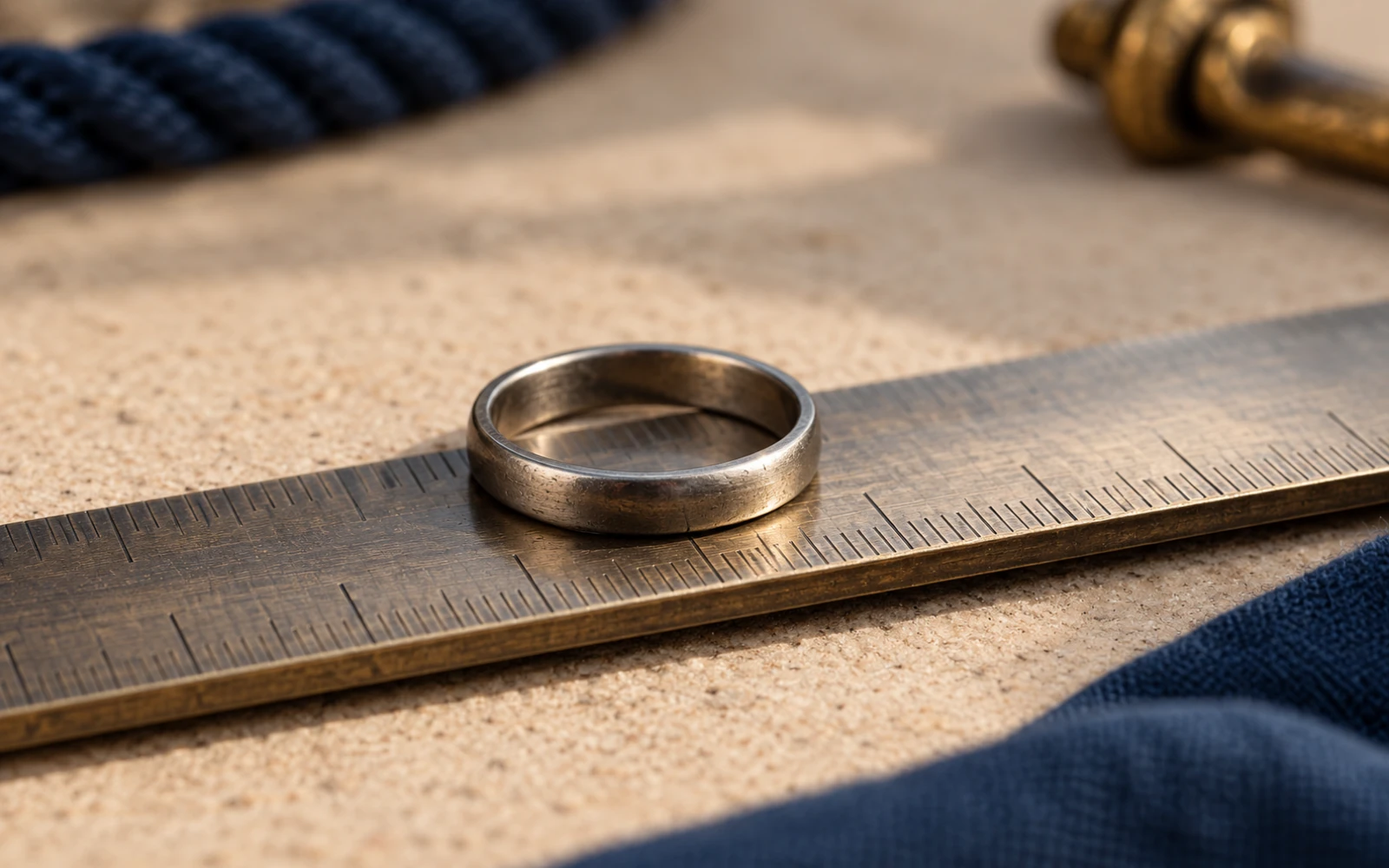 Bague en acier posée sur une règle graduée pour mesurer son diamètre intérieur