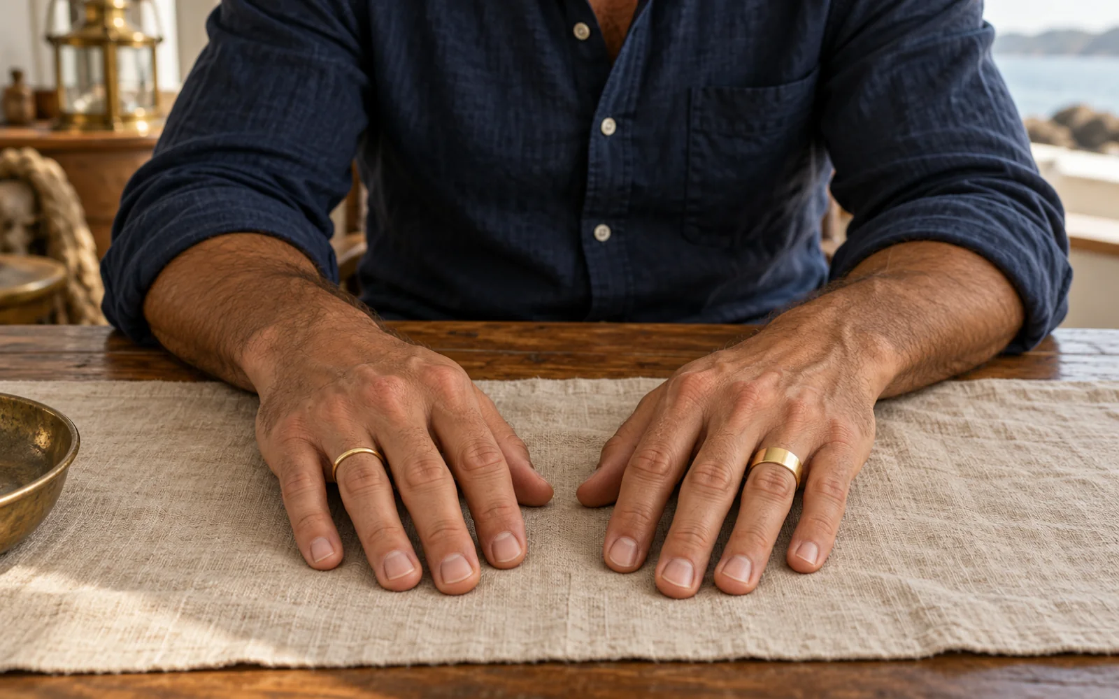 Deux mains d’homme posées sur une table en lin, l’une portant une bague fine, l’autre une bague large
