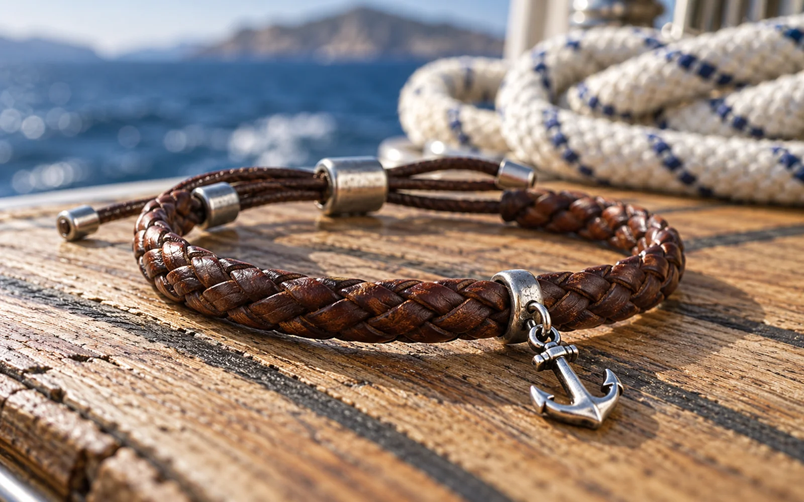 Détail d’un bracelet en cuir tressé et de son fermoir réglable