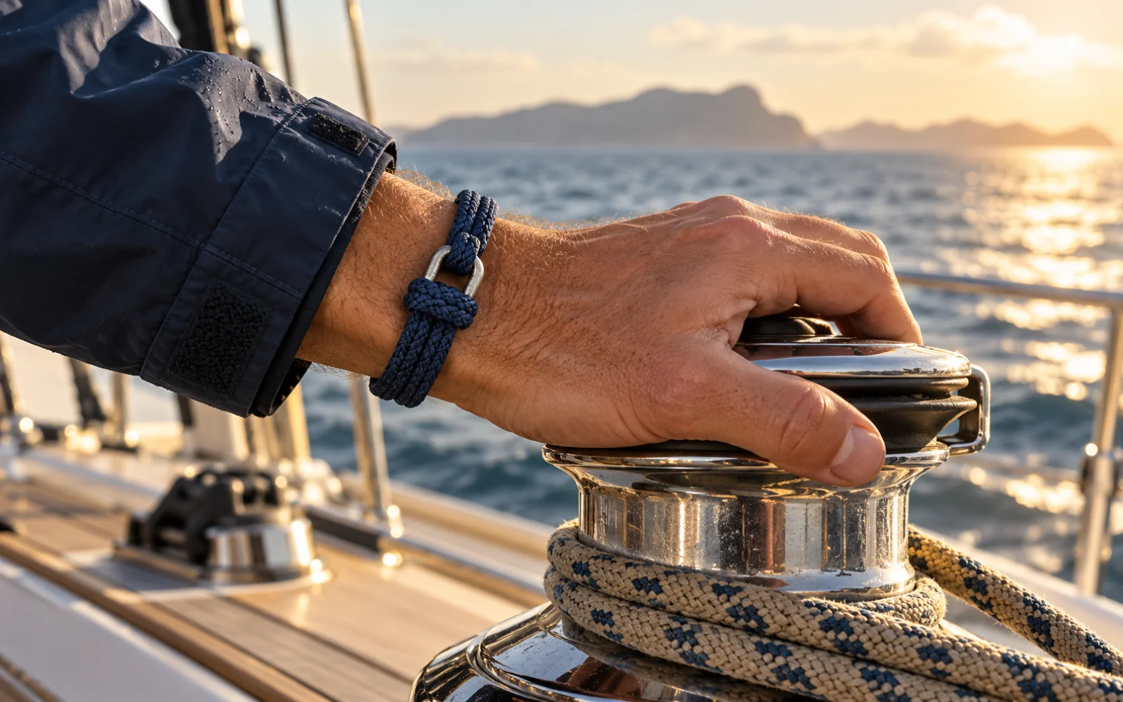 Poignet d’un marin avec un bracelet en cordage près d’un winch de voilier