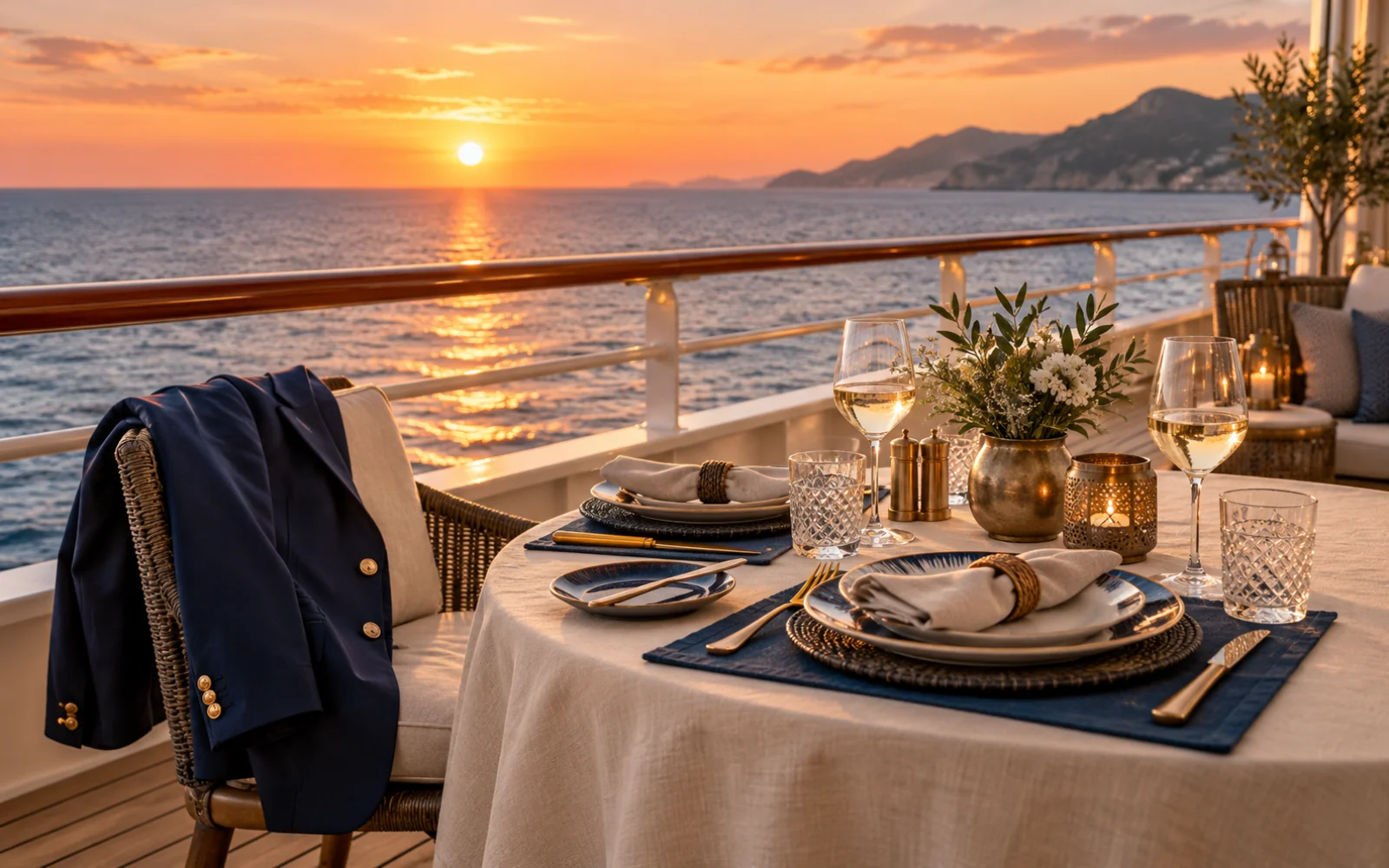 Table de dîner dressée sur un pont de navire avec vue sur la mer au coucher du soleil