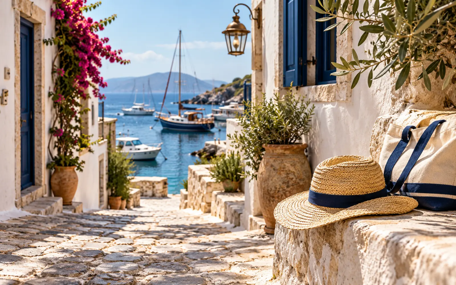 Ruelle pavée d’un port méditerranéen avec un chapeau de paille sur un muret