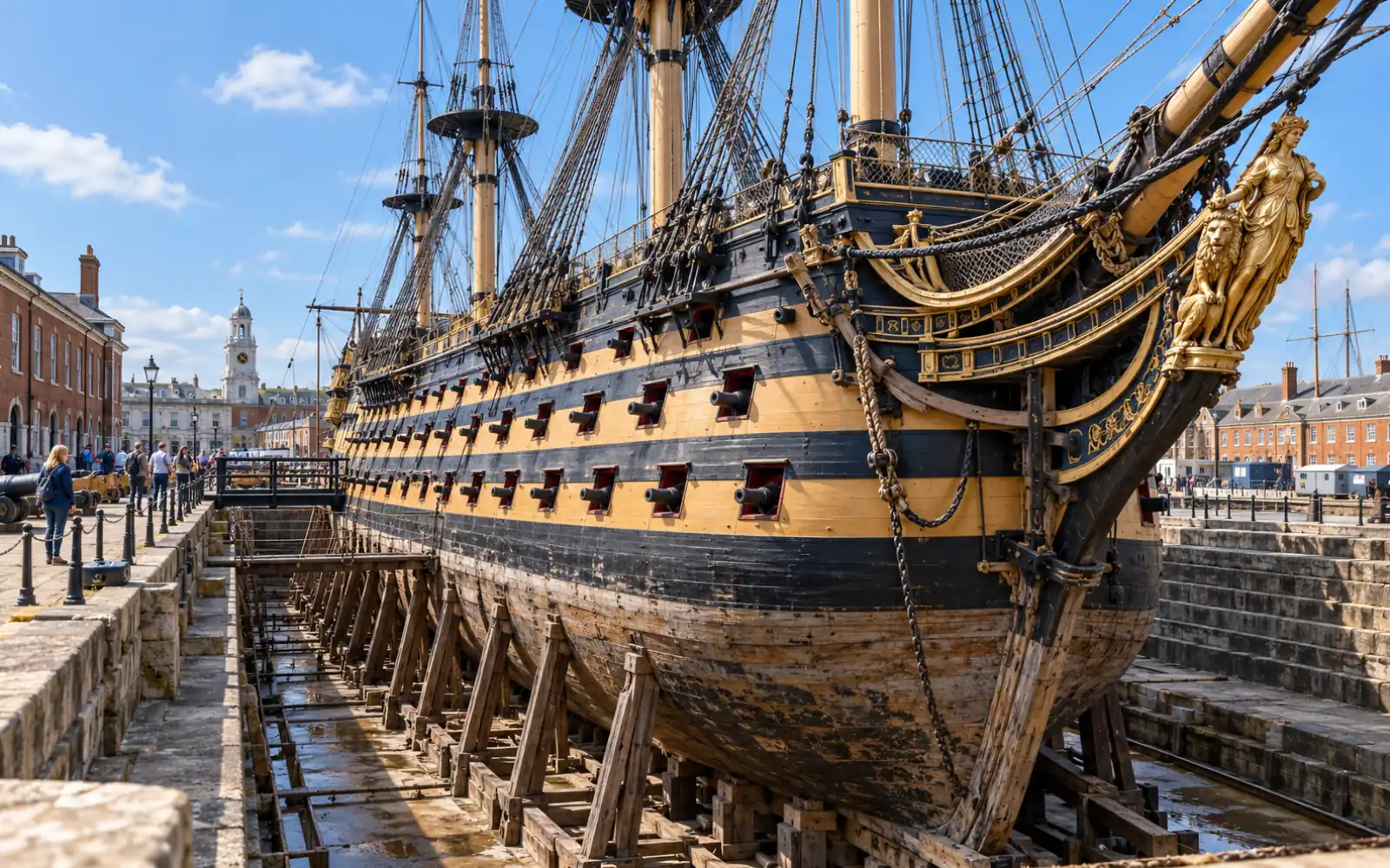 Vieux vaisseau de ligne conservé dans un bassin d’un port britannique