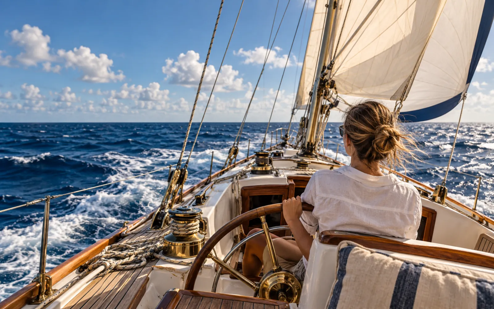 Voilier de croisière sous voiles en plein océan Atlantique avec les alizés