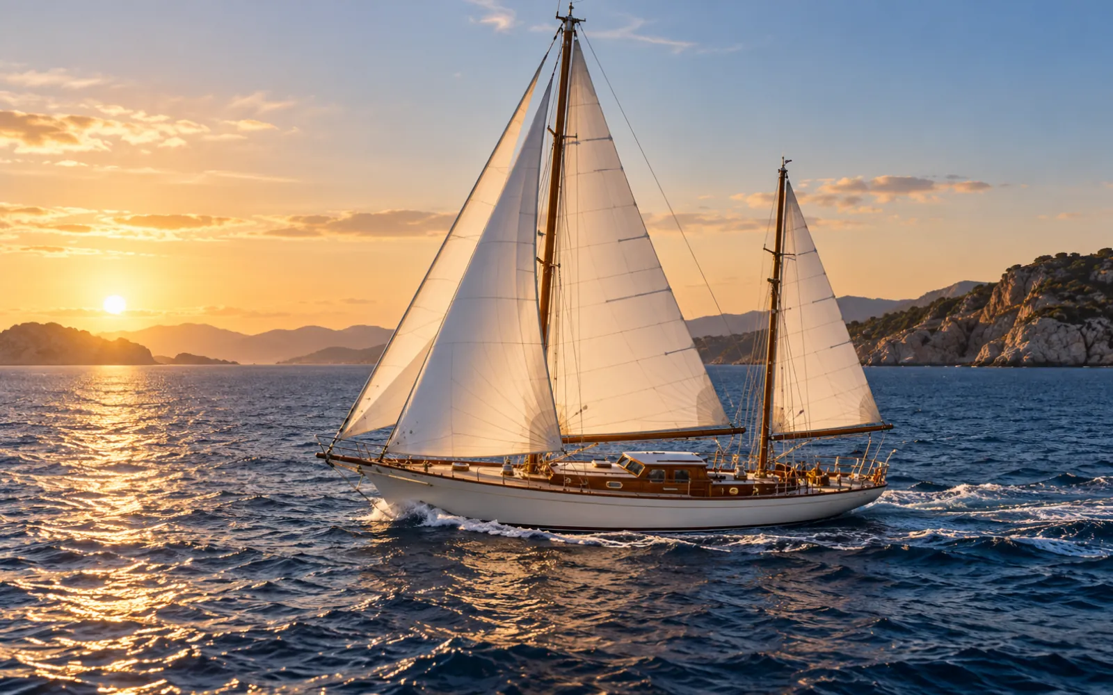 Ketch à deux mâts naviguant sous voiles sur une mer bleue