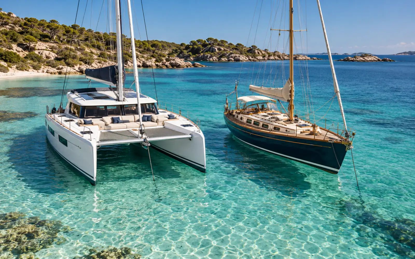 Un catamaran et un monocoque mouillés côte à côte dans une baie