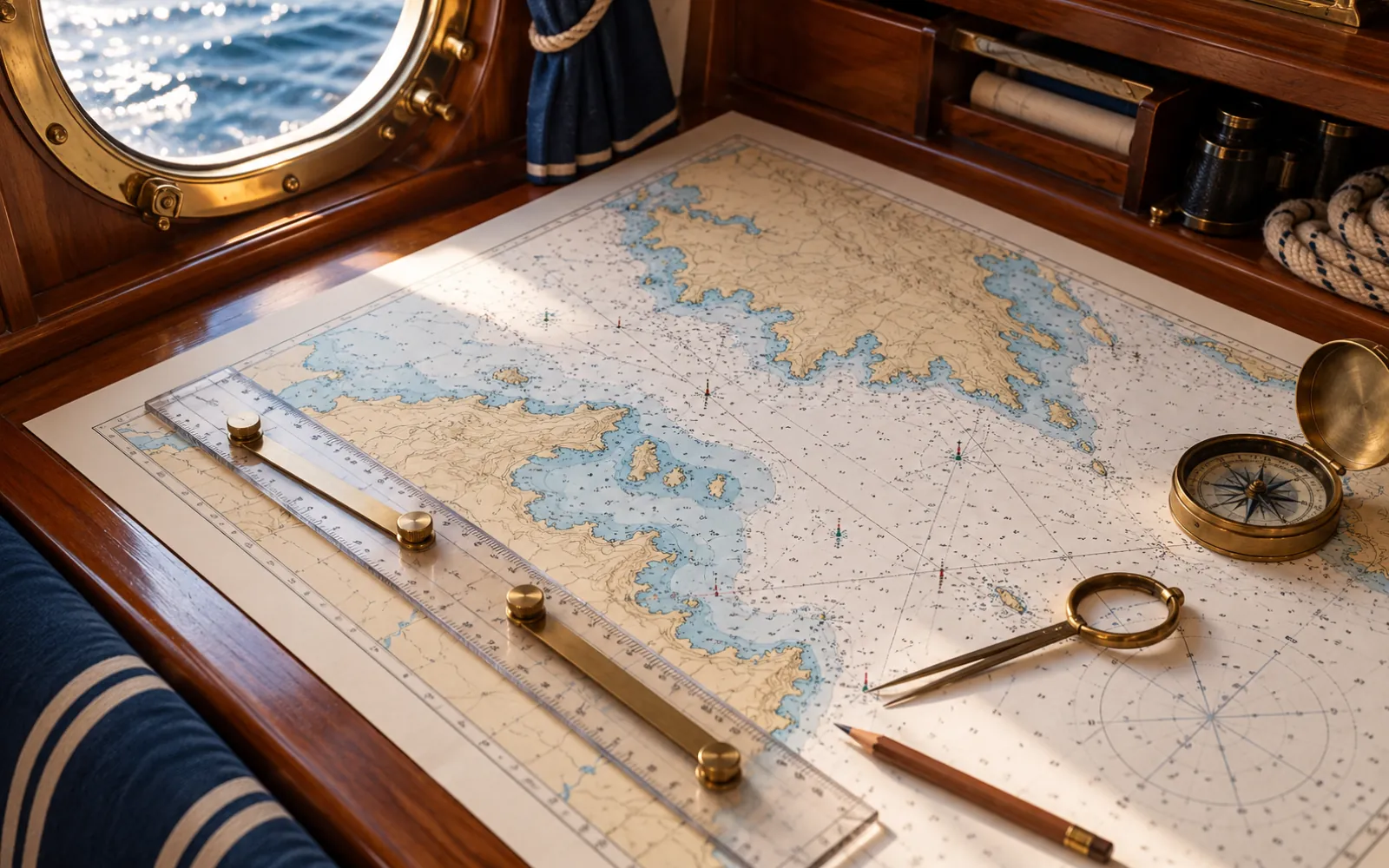 Carte marine, règle de navigation et compas à pointes sur la table à cartes
