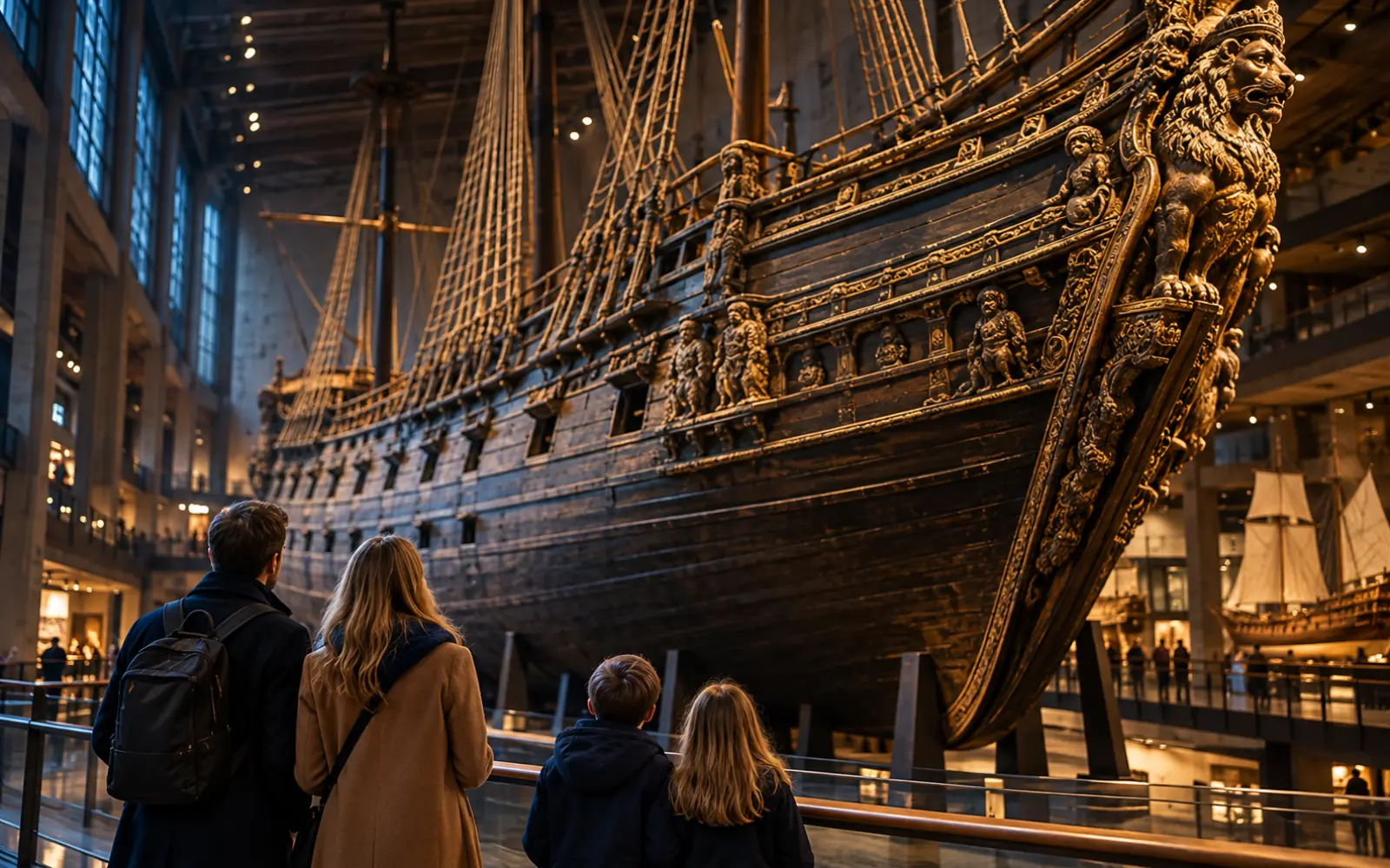 Visiteurs de dos devant la proue sculptée d’un grand navire ancien dans un musée