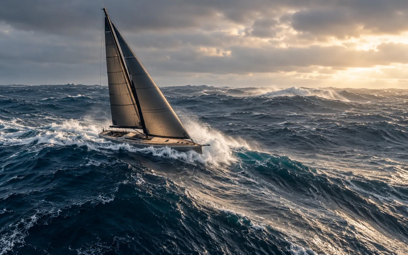 Voilier de course dans une grosse houle des mers du Sud