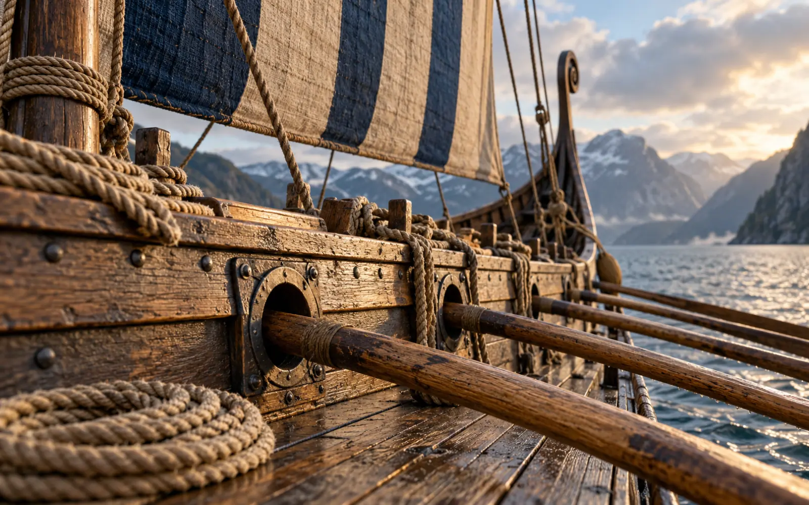 Détail des avirons et de la toile de laine d’une réplique de navire viking, vus du pont