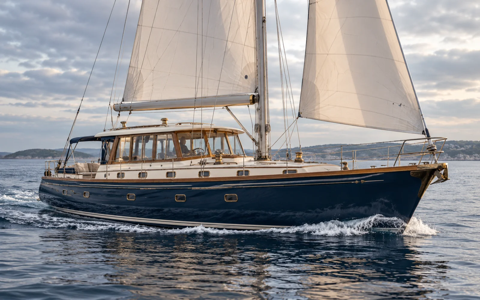 Voilier mixte avec un poste de pilotage intérieur vitré naviguant sur une mer calme