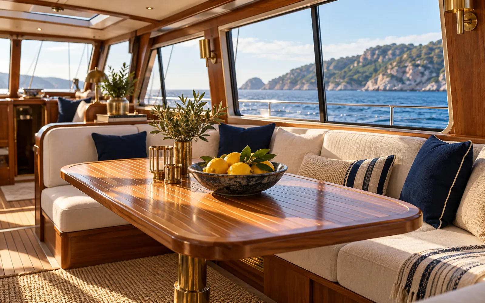 Grand carré lumineux d’un voilier mixte avec table, banquettes et vue sur la mer