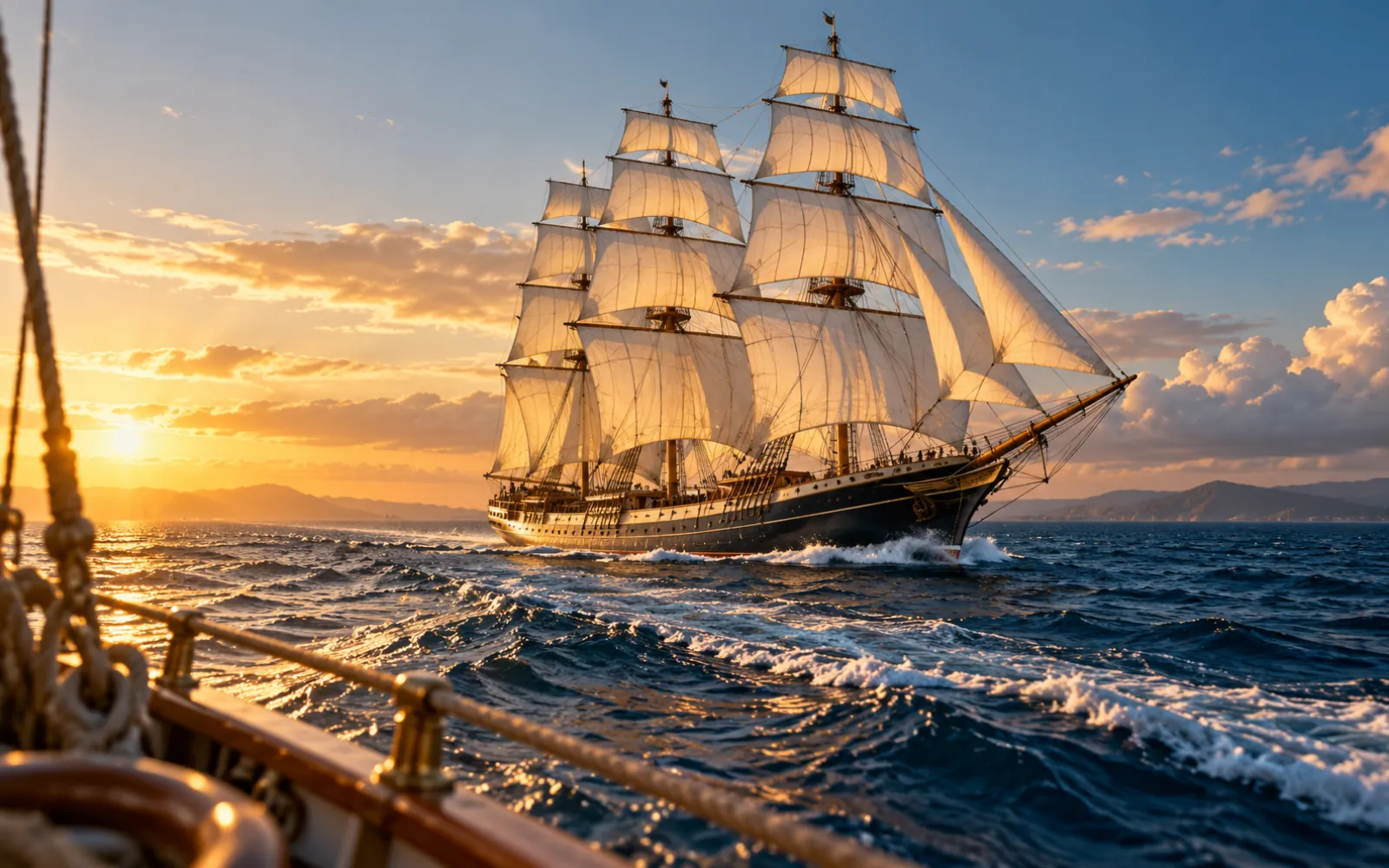 Trois-mâts barque sous voiles sur la mer, au soleil couchant