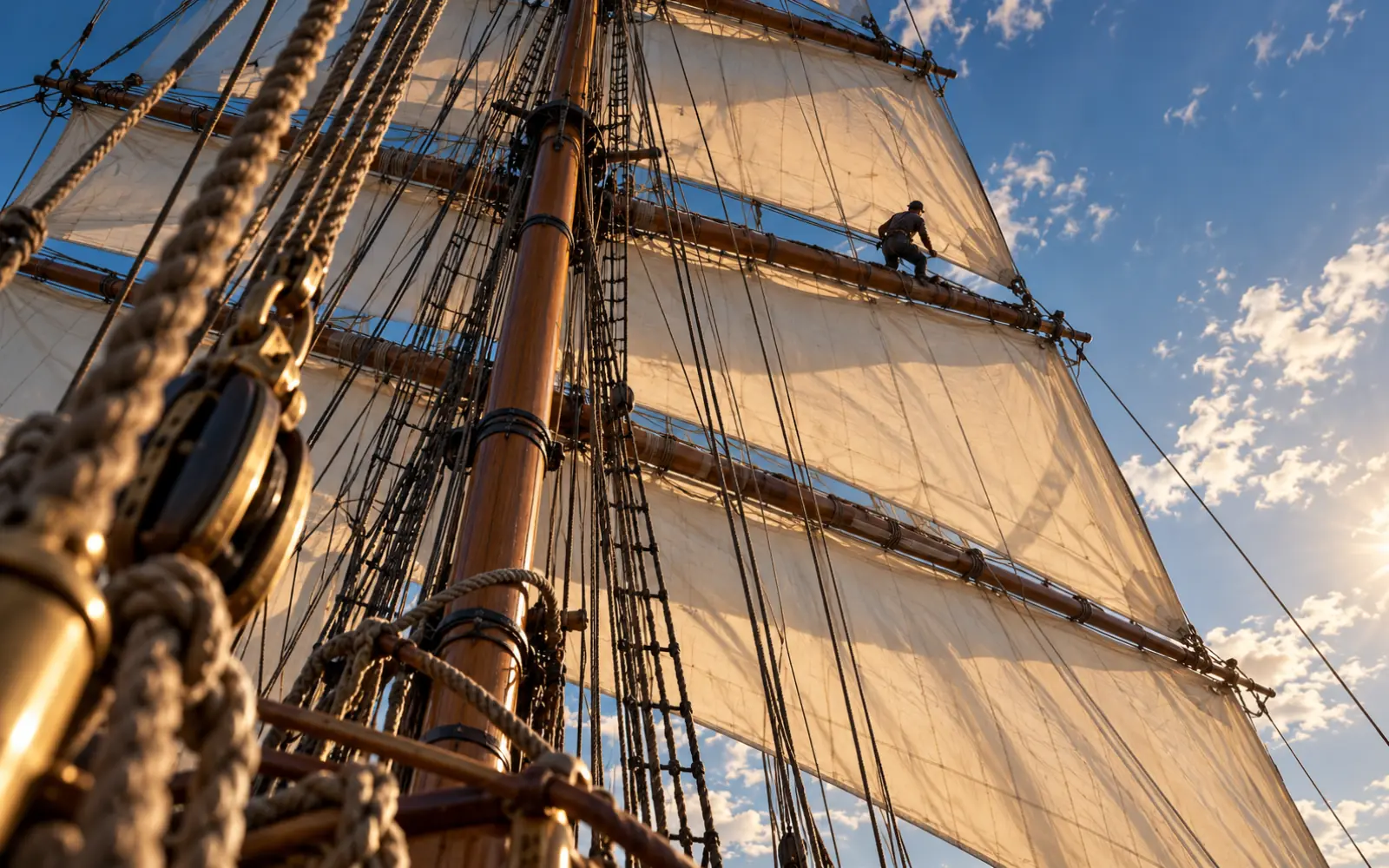 Détail d’un gréement carré : vergues, voiles carrées et cordages