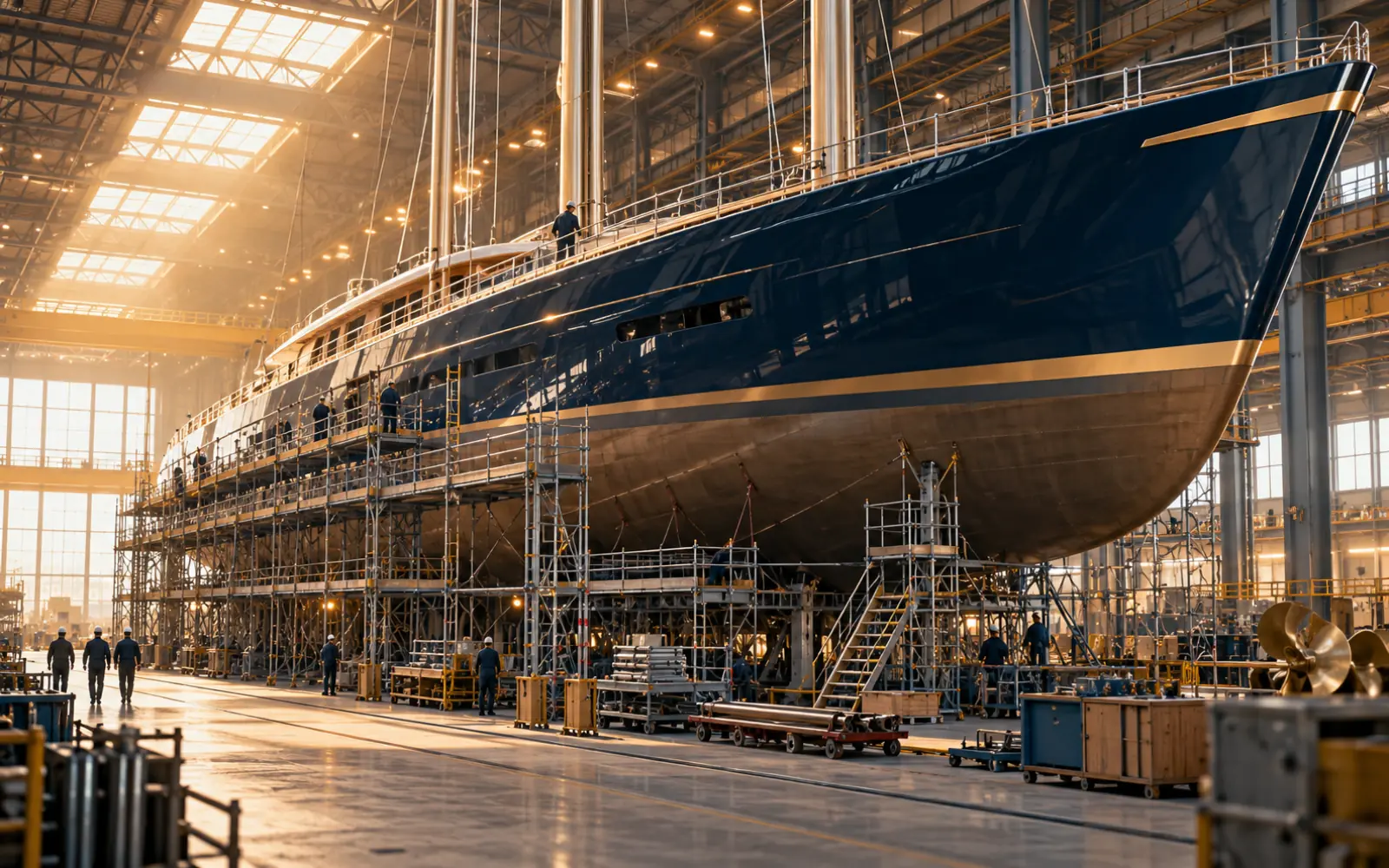 Coque d’un super-voilier en construction dans un grand chantier naval couvert