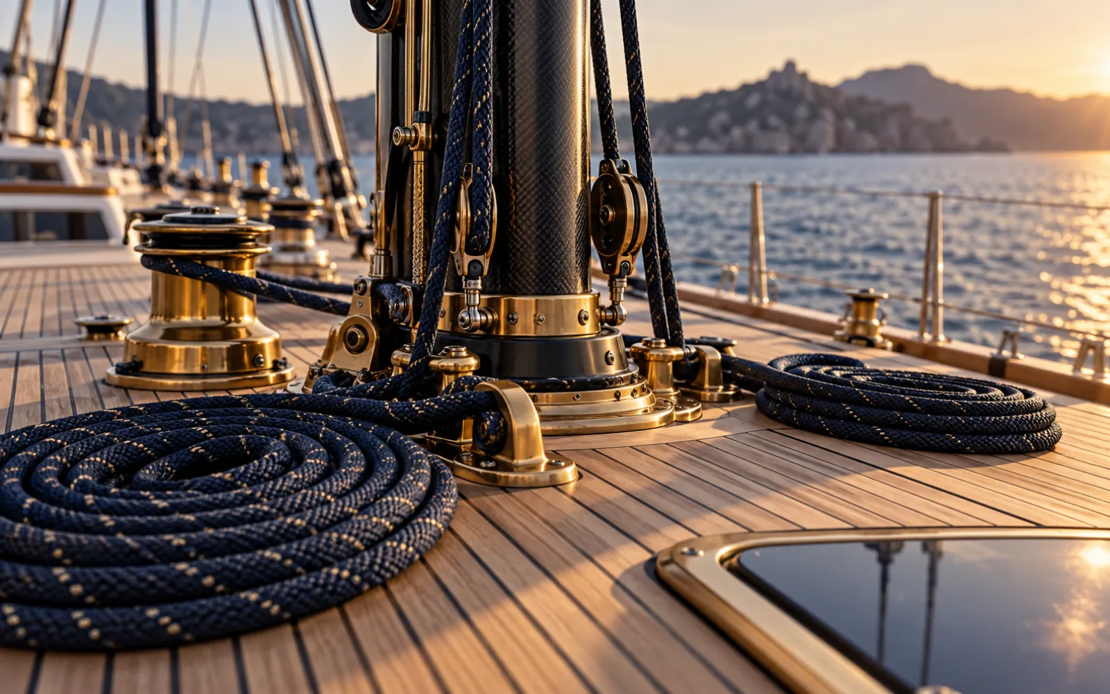 Pont en teck d’un grand yacht à voile avec cordages bien rangés et mâts en carbone