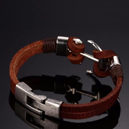 bracelet ancre cuir marron presentation vue de haut