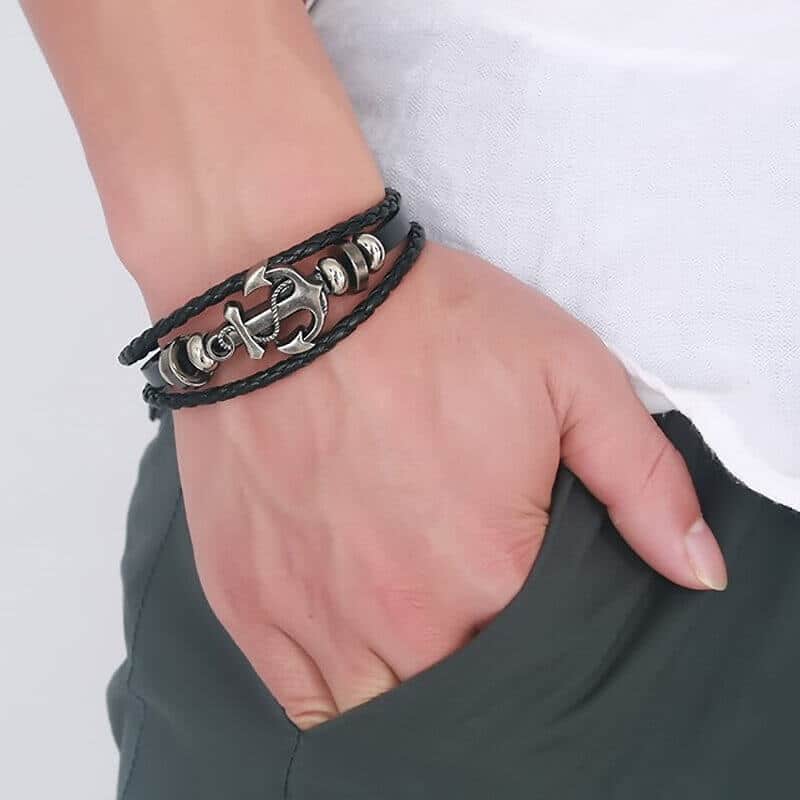 Bracelet Homme Ancre Marine Acier & Cuir Marron - Bracelets Tendances