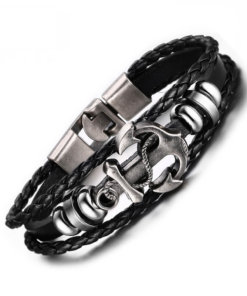 Bracelet Ancre en Cuir Tressé noir fond blanc