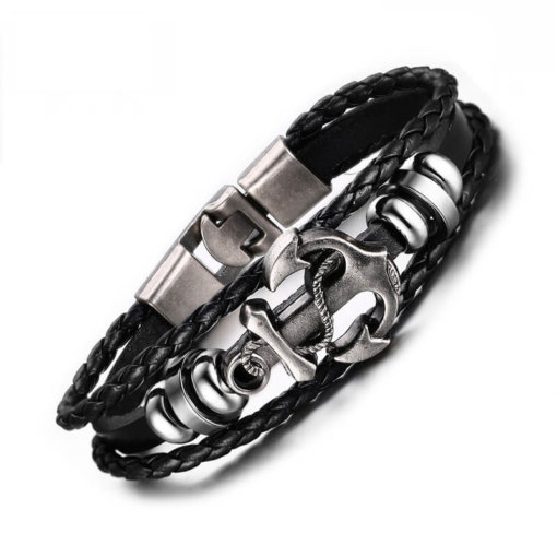 Bracelet Ancre en Cuir Tressé noir fond blanc