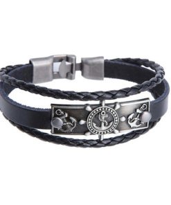 Bracelet de charme Ancre et Gouvernail en Cuir Noir face presentation fond blanc