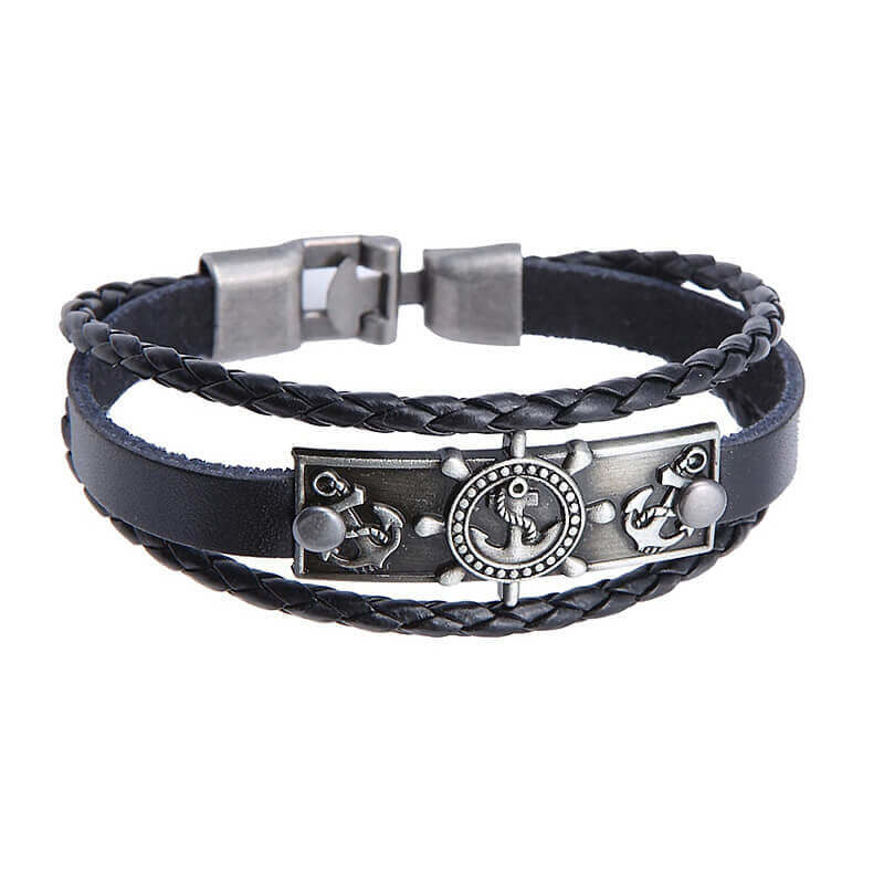 Bracelet de charme Ancre et Gouvernail en Cuir Noir face presentation fond blanc