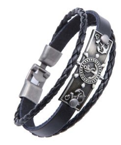 bracelet charme ancre gouvernail en cuir noir presentation fond blanc