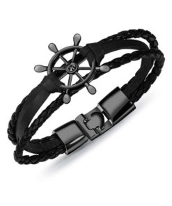 Bracelet de marin motif gouvernail en cuir multicouche noir noir