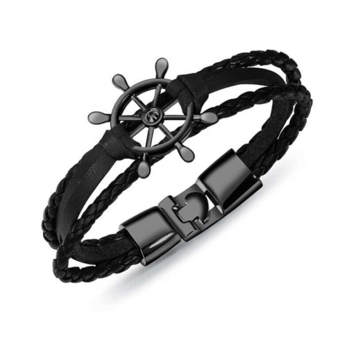 Bracelet de marin motif gouvernail en cuir multicouche noir noir