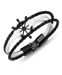 Bracelet de marin motif gouvernail en cuir multicouche blanc noir