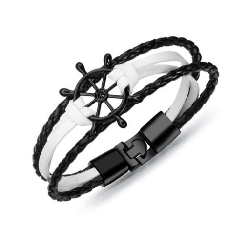 Bracelet de marin motif gouvernail en cuir multicouche blanc noir