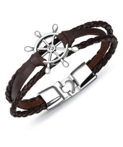 Bracelet de marin motif gouvernail en cuir multicouche marron argent