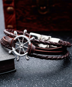 Bracelet de marin motif gouvernail en cuir multicouche marron argent