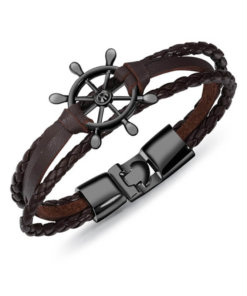 Bracelet de marin motif gouvernail en cuir multicouche marron noir