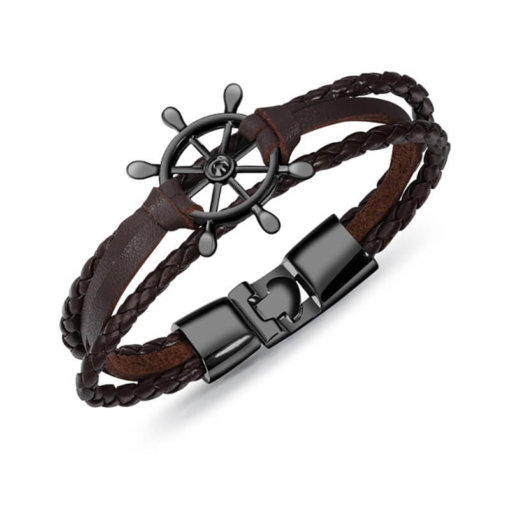 Bracelet de marin motif gouvernail en cuir multicouche marron noir