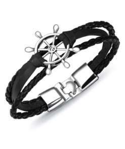 Bracelet de marin motif gouvernail en cuir multicouche noir argent