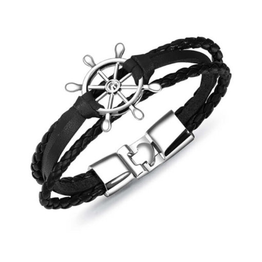 Bracelet de marin motif gouvernail en cuir multicouche noir argent